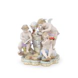 A late 19th century Meissen porcelain figural group of three putti emblematic of astronomy in th...