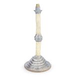 A rare and impressive large Arts and Crafts style silver and enamel narwhal tusk table lamp mark...