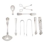 A collection of silver sugar tongs, together with other silver flatware varying maker's and date...