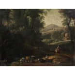 Italian School, 18th Century An extensive wooded landscape with animals at a stream