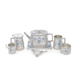 A rare Arts and Crafts silver and enamel seven-piece tea service not assayed, John Ferguson Gow,...