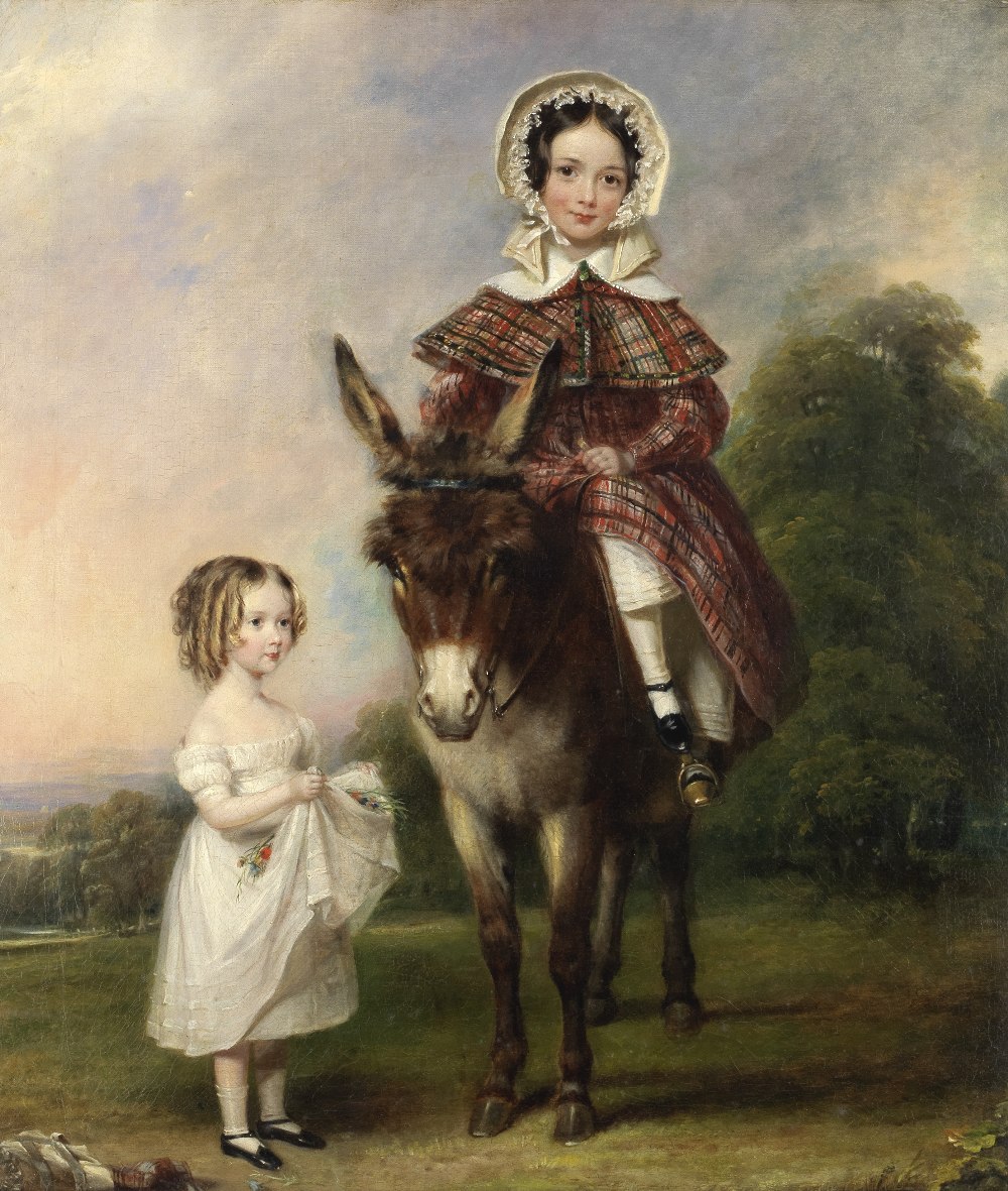 British School, 19th Century Portrait of two girls with a donkey