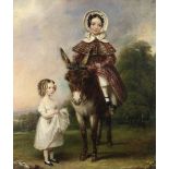 British School, 19th Century Portrait of two girls with a donkey