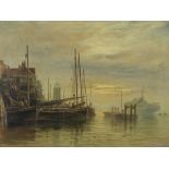 Alfred Montague (British, 1832-1883) 'Herring Boats, Shields Harbour, Sunrise'
