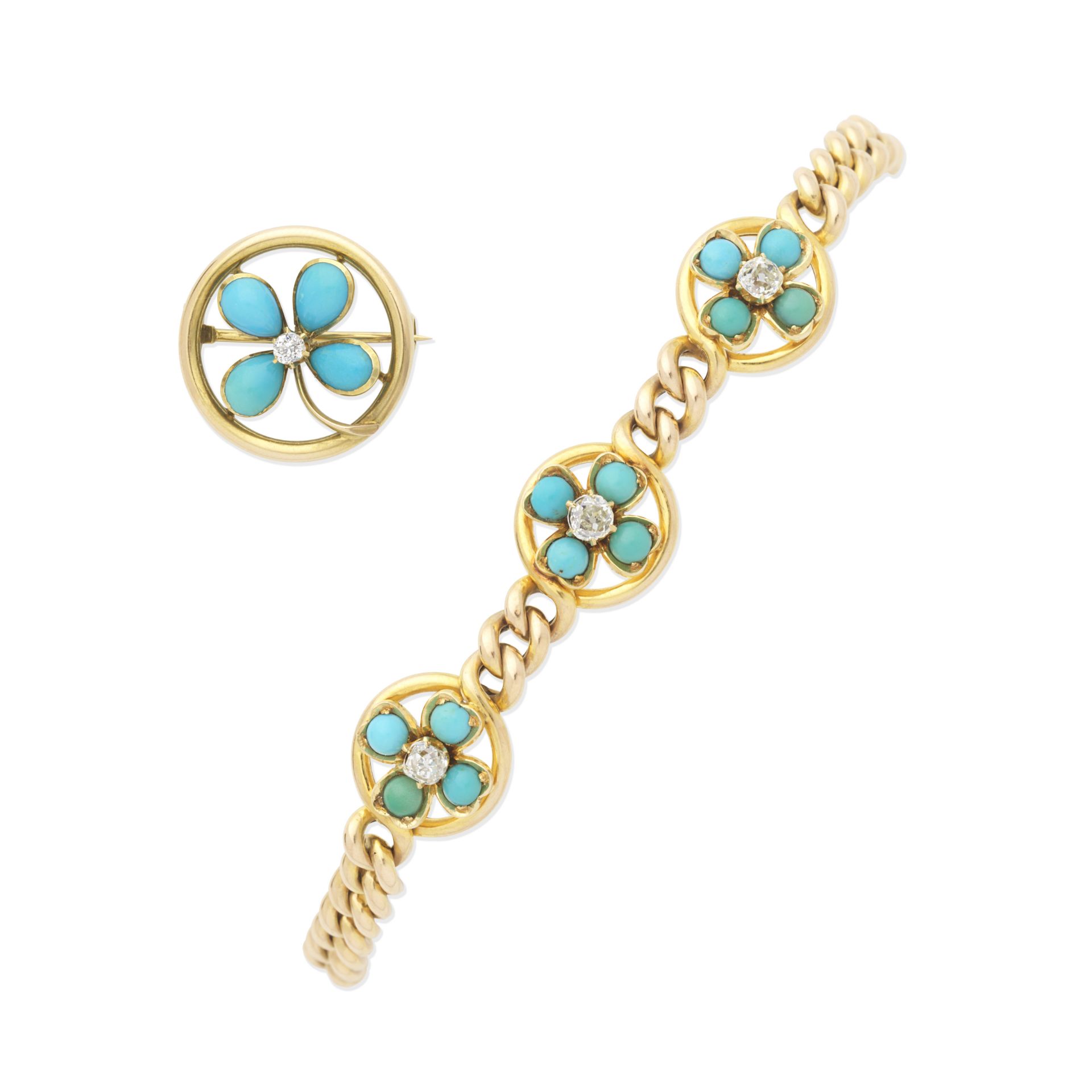 TURQUOISE AND DIAMOND BRACELET AND BROOCH, (2)