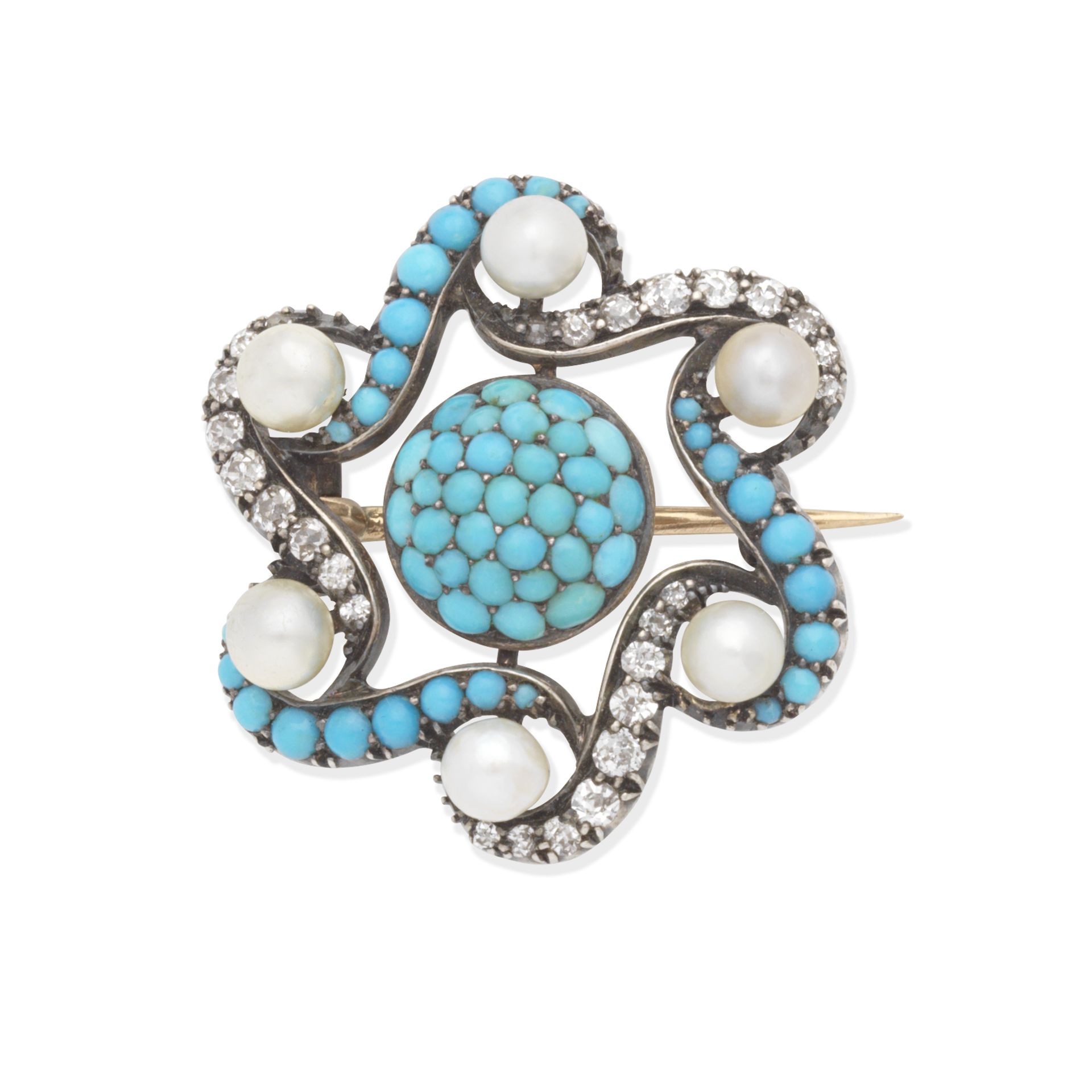 PEARL, TURQUOISE AND DIAMOND BROOCH,