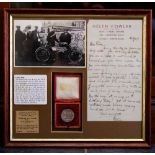 Rem Fowler - 1911 Birmingham Motorcycle Club boxed Silver Medal with signed letter & photo