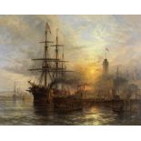 Henry Thomas Dawson (British, 1841-circa 1896) A Danish steamer moored alongside a busy dock in ...