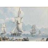 Thomas Buttersworth (British, 1768-1828) Loading cutters inshore to victual the fleet; A heavily...