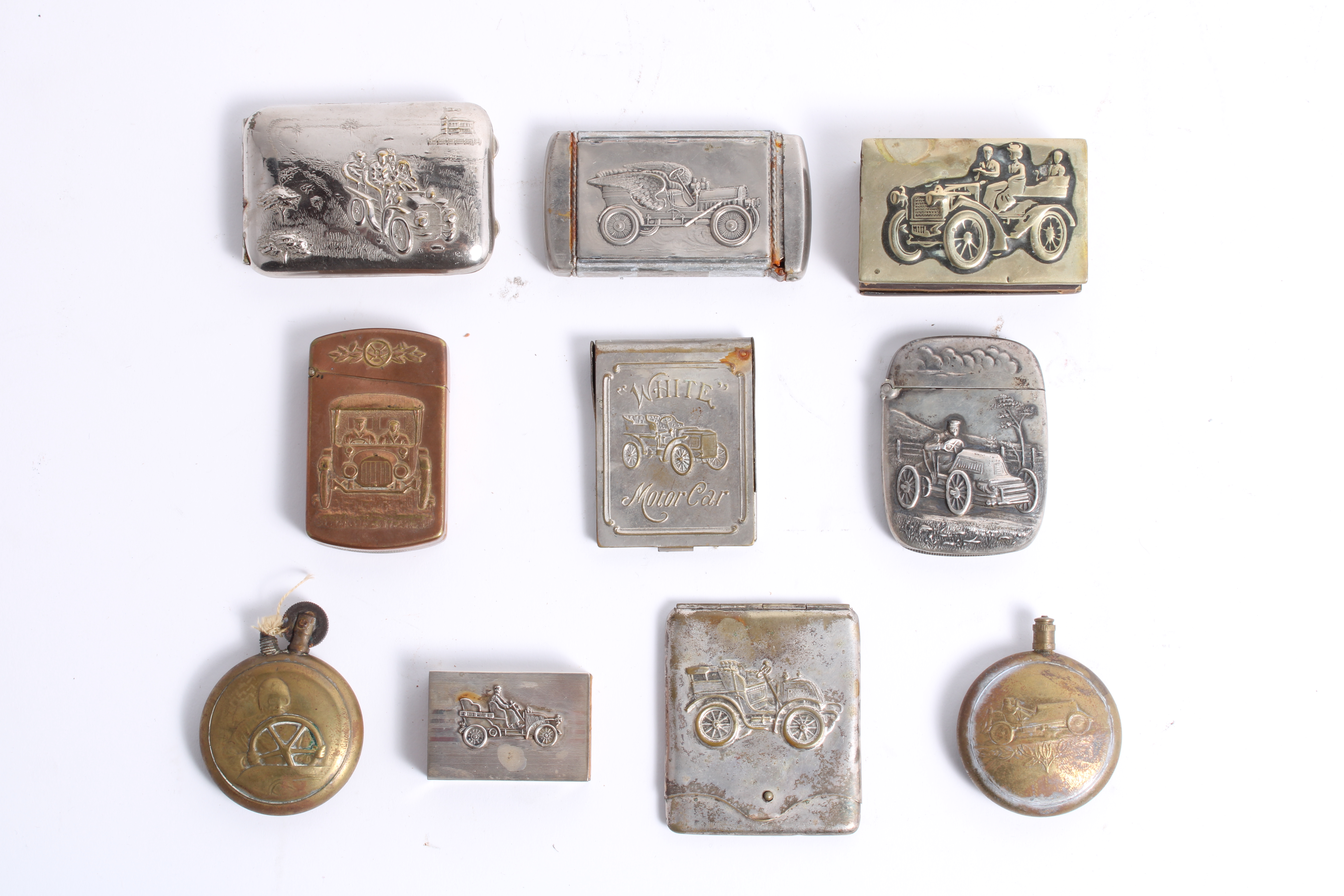 Ten assorted Vesta cases, matchbook covers and lighters decorated with motoring scenes, ((Qty))