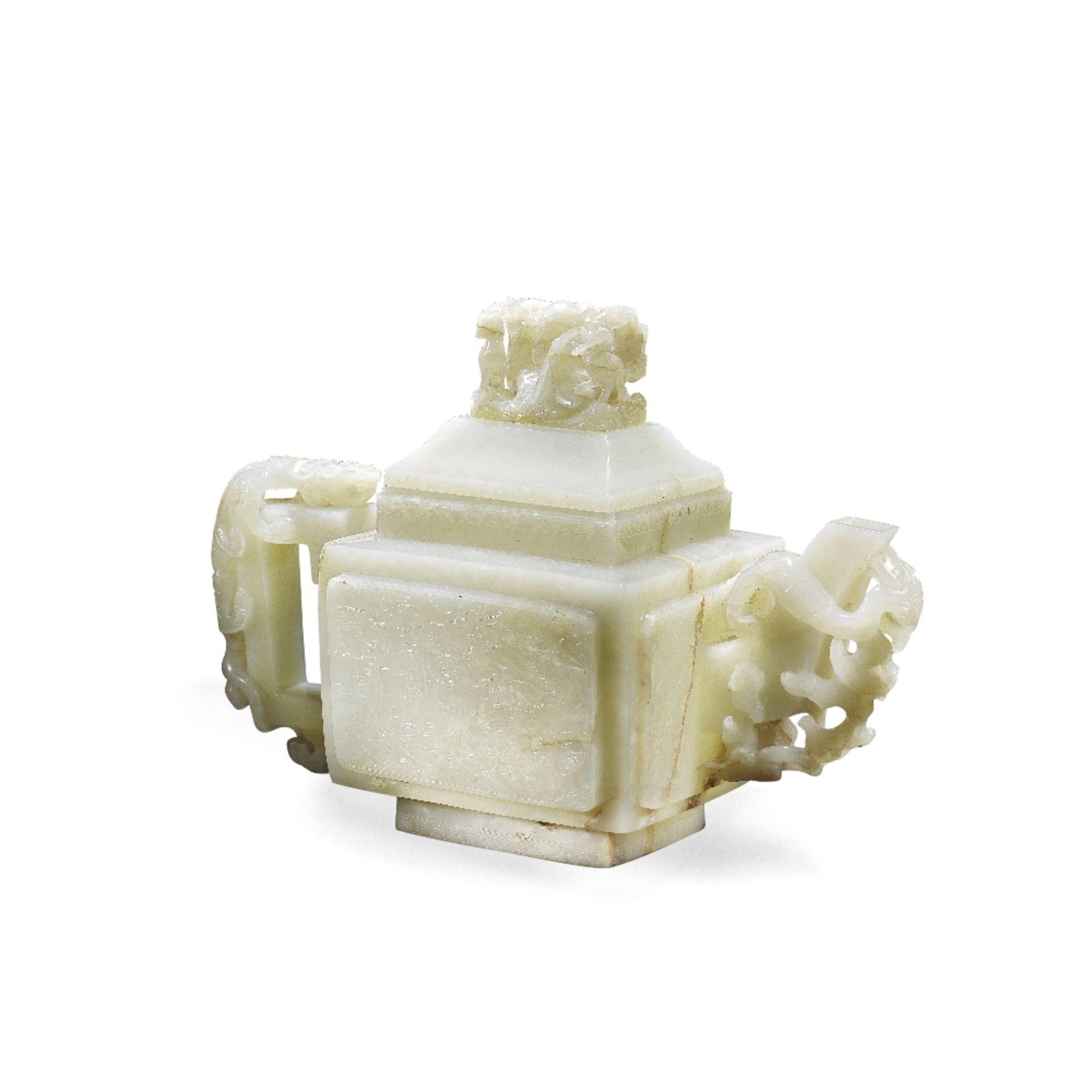 A LARGE PALE CELADON JADE 'EIGHT IMMORTALS' TEAPOT AND COVER Late Ming Dynasty (3)