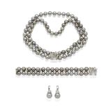 BOODLES: CULTURED PEARL AND DIAMOND 'ROCKS AND REEDS' NECKLACE, BRACELET AND EARRING SUITE