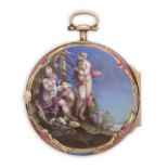 Joan Dellavos, Prag. A fine and rare gold key wind open face pocket watch with polychrome enamel ...