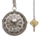 Thomas Herbert, London. A rare and large silver key wound striking coach watch with brass and lea...