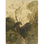HENRI JOSEPH HARPIGNIES (1819-1916) Paysage bois&#233;, avec village au lointain