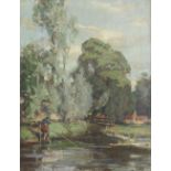 Robert Hope RSA (British, 1869-1936) Fishing by a riverside