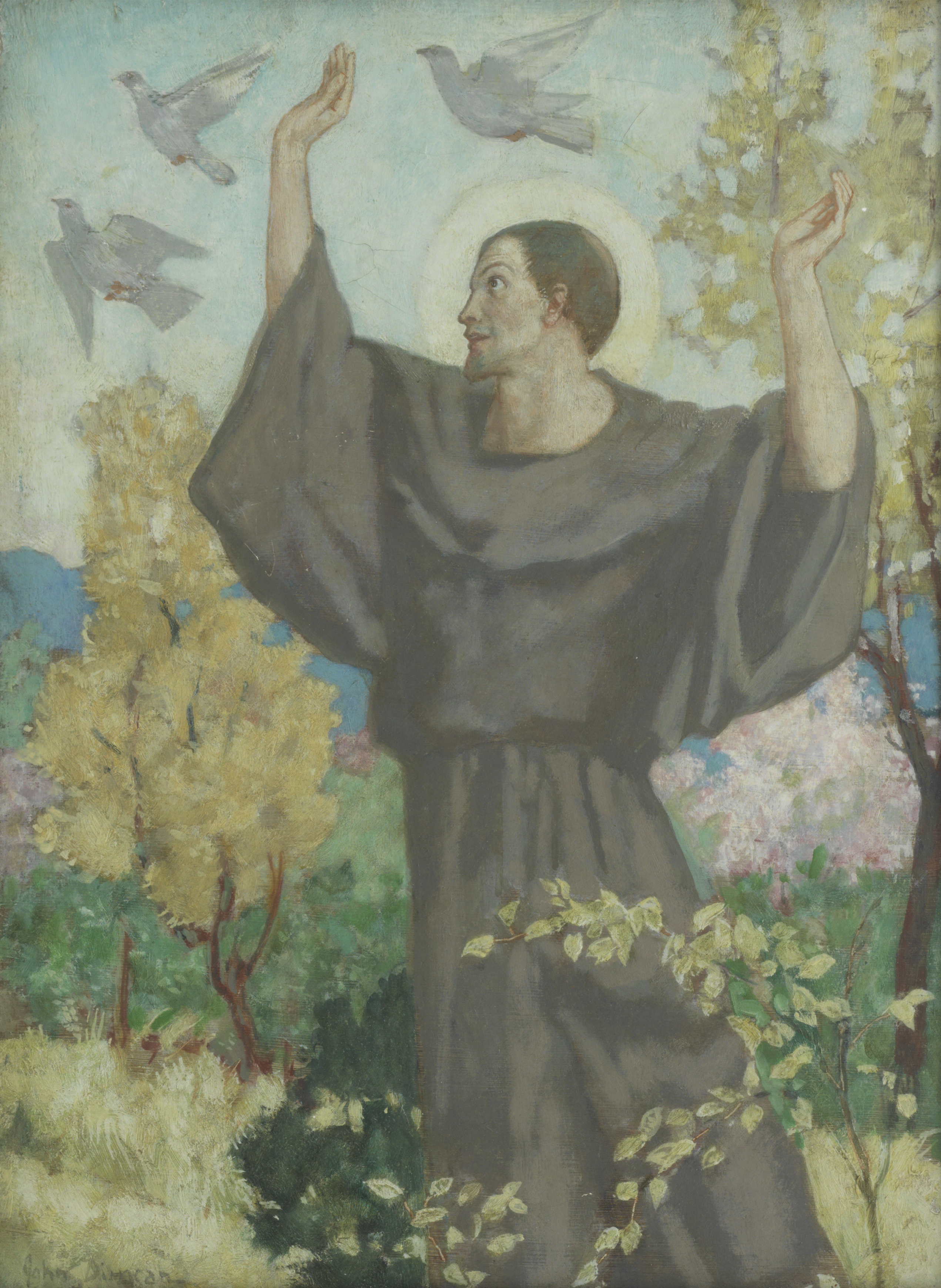 John Duncan RSA RSW (British, 1866-1945) St Francis and the Doves (On the reverse of the canvas ... - Image 2 of 2