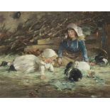 David Fulton RSW (British, 1848-1930) Young girls and their pet rabbits