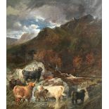 Gourlay Steell RSA (British, 1819-1894) Highland cows by a stream