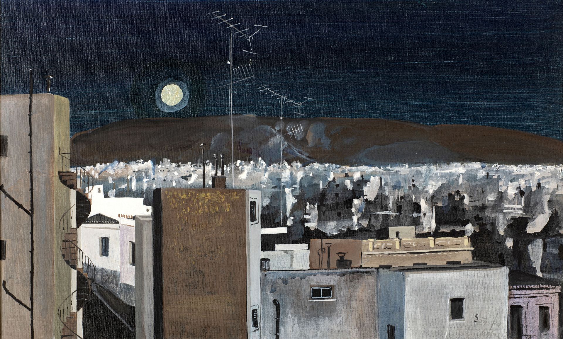 Spyros Vassiliou (Greek, 1902-1985) Ath&#232;nes sous la pleine lune (Peint en 1974.signed in Gr...