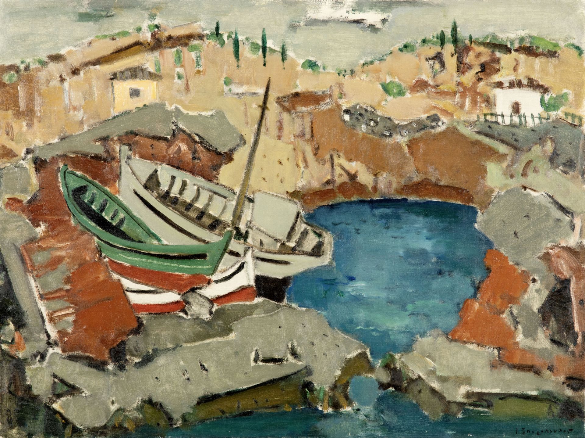 Yiannis Spyropoulos (Greek, 1912-1990) Bateaux &#224; la plage I (Peint en 1951.signed in Greek(...