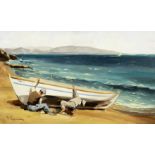 Vassilis Germenis (Greek, 1896-1966) R&#233;parant le bateau (signed in Greek oil on canvas)