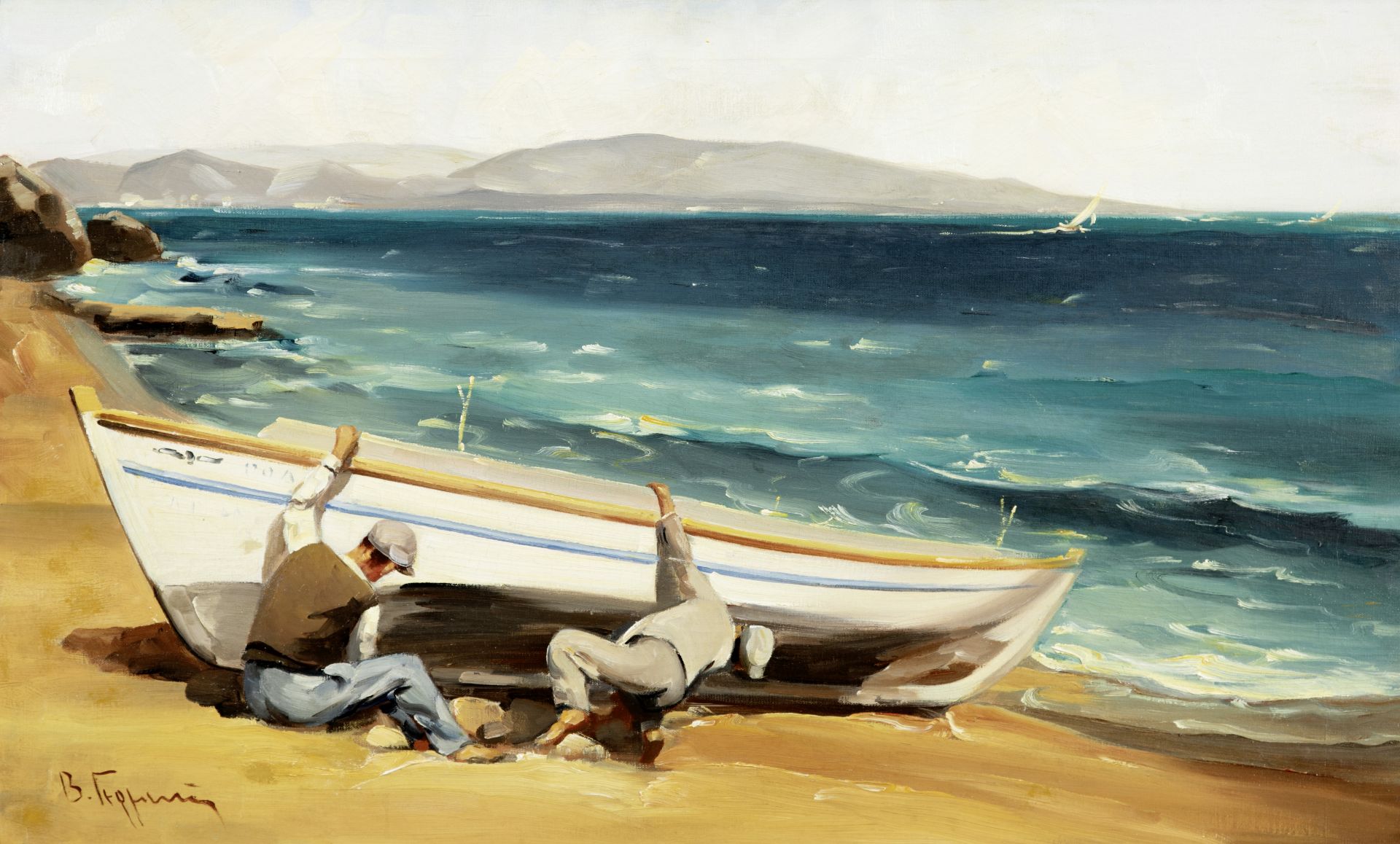 Vassilis Germenis (Greek, 1896-1966) R&#233;parant le bateau (signed in Greek oil on canvas)