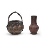 A FLOWER BASKET AND A BRONZE VASE Taisho (1912-1926) or Showa (1926-1989) era, early 20th centur...