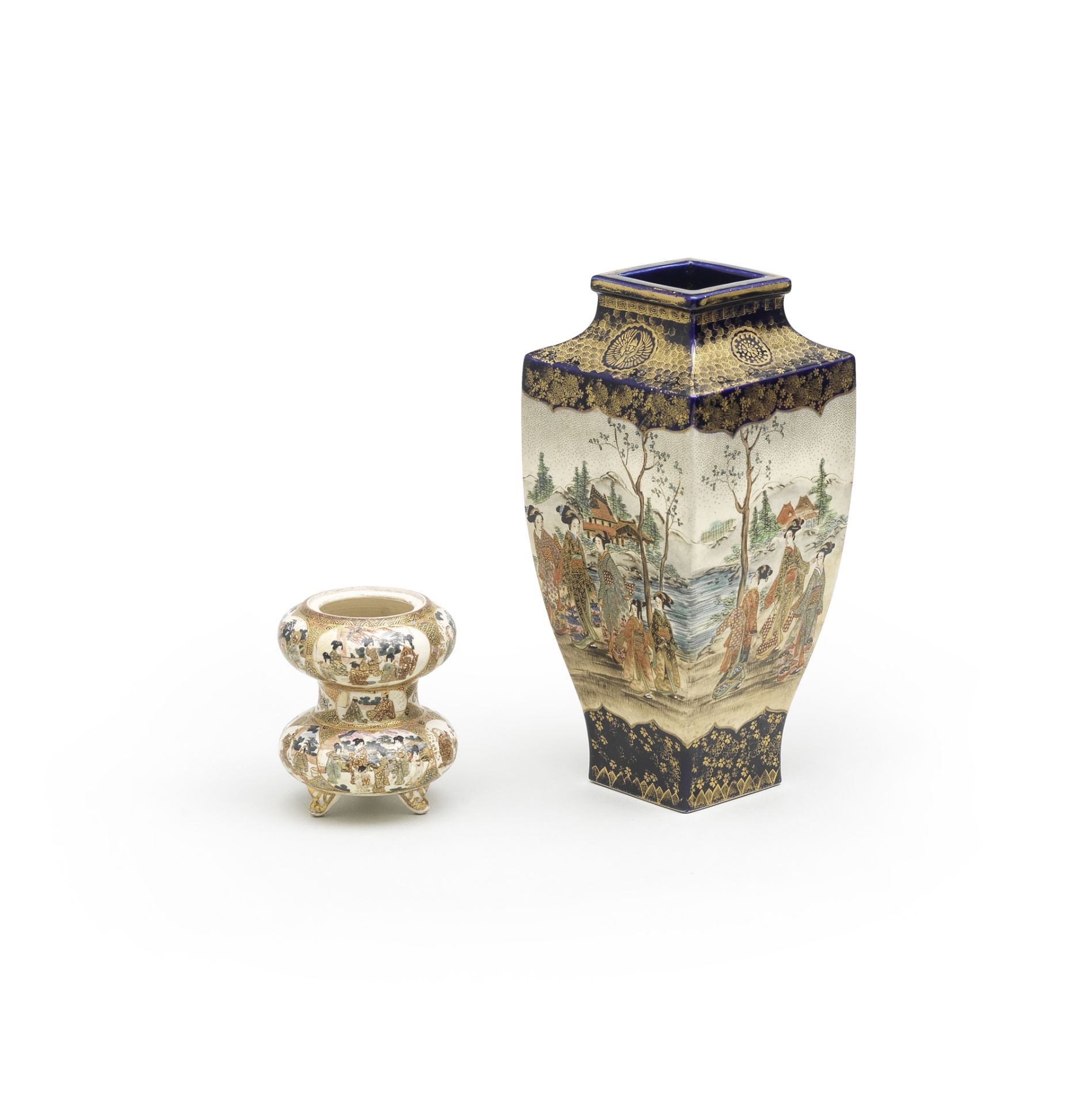 A SATSUMA-WARE SQUARE BALUSTER VASE AND A DOUBLE-GOURD VASE The first by Chikusai, the second by...