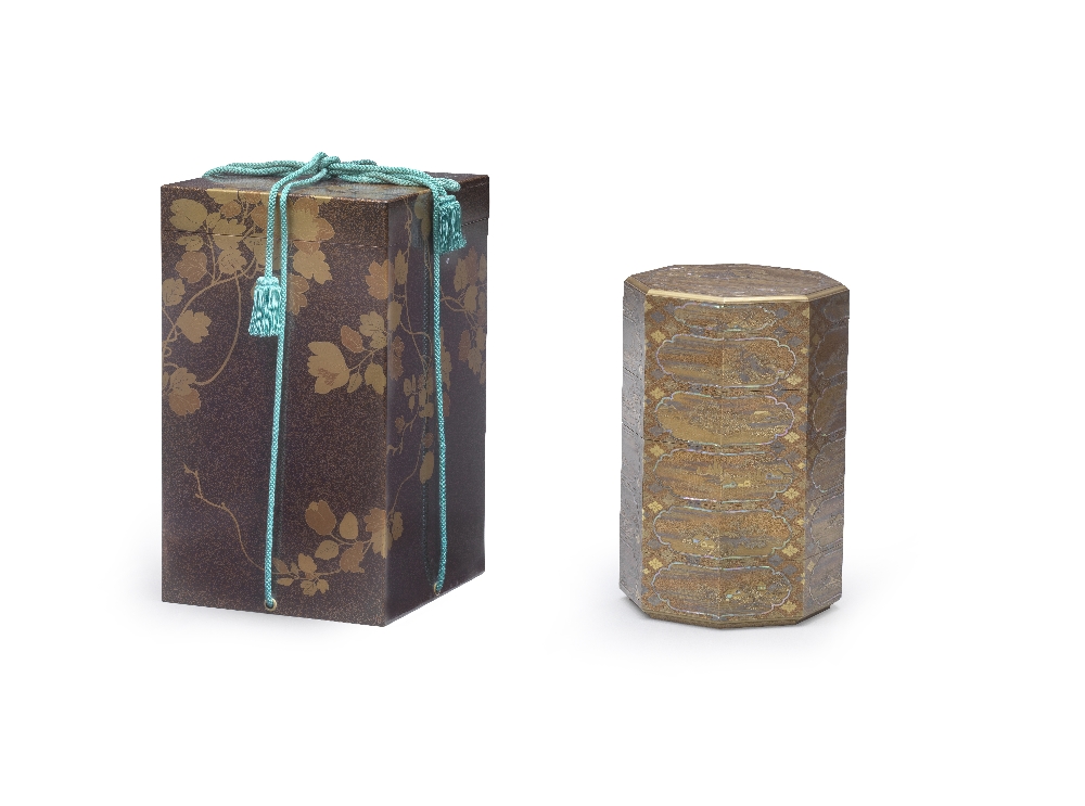 A GOLD-LACQUER AND SHELL-INLAID TALL OCTAGONAL FIVE-TIERED JUBAKO (PICNIC BOX) Edo period (1615...