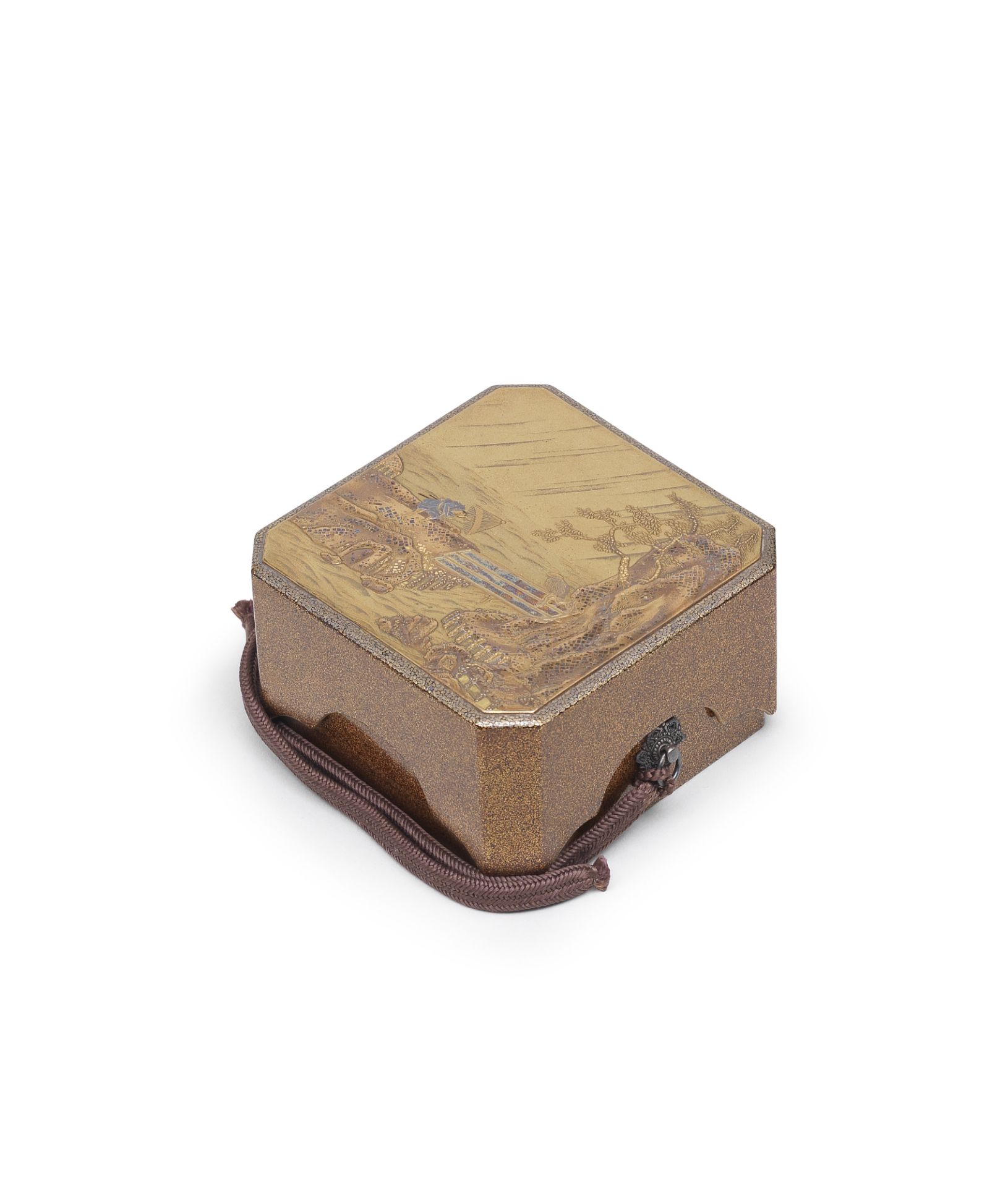 A GOLD-LACQUER SMALL ANGLED SQUARE KOGO (BOX FOR INCENSE WOOD) Edo period (1615-1868) or Meiji e...