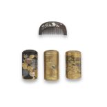 THREE LACQUER INRO AND A KUSHI (COMB) Edo period (1615-1868) to Meiji era (1868-1912), 19th cent...