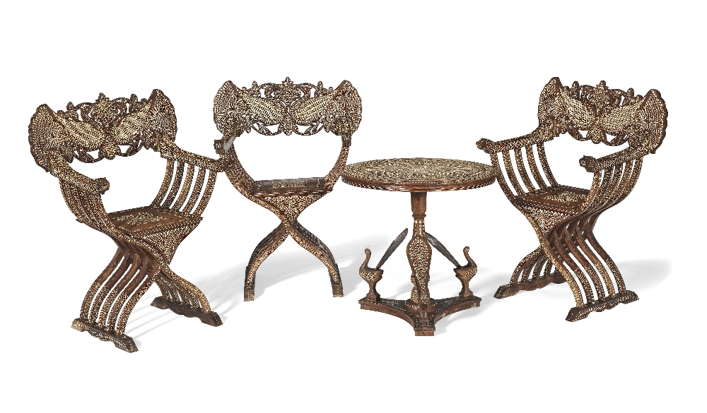 A Hoshiarpur ivory-inlaid wood table and three Chairs Northern India, late 19th Century(4)