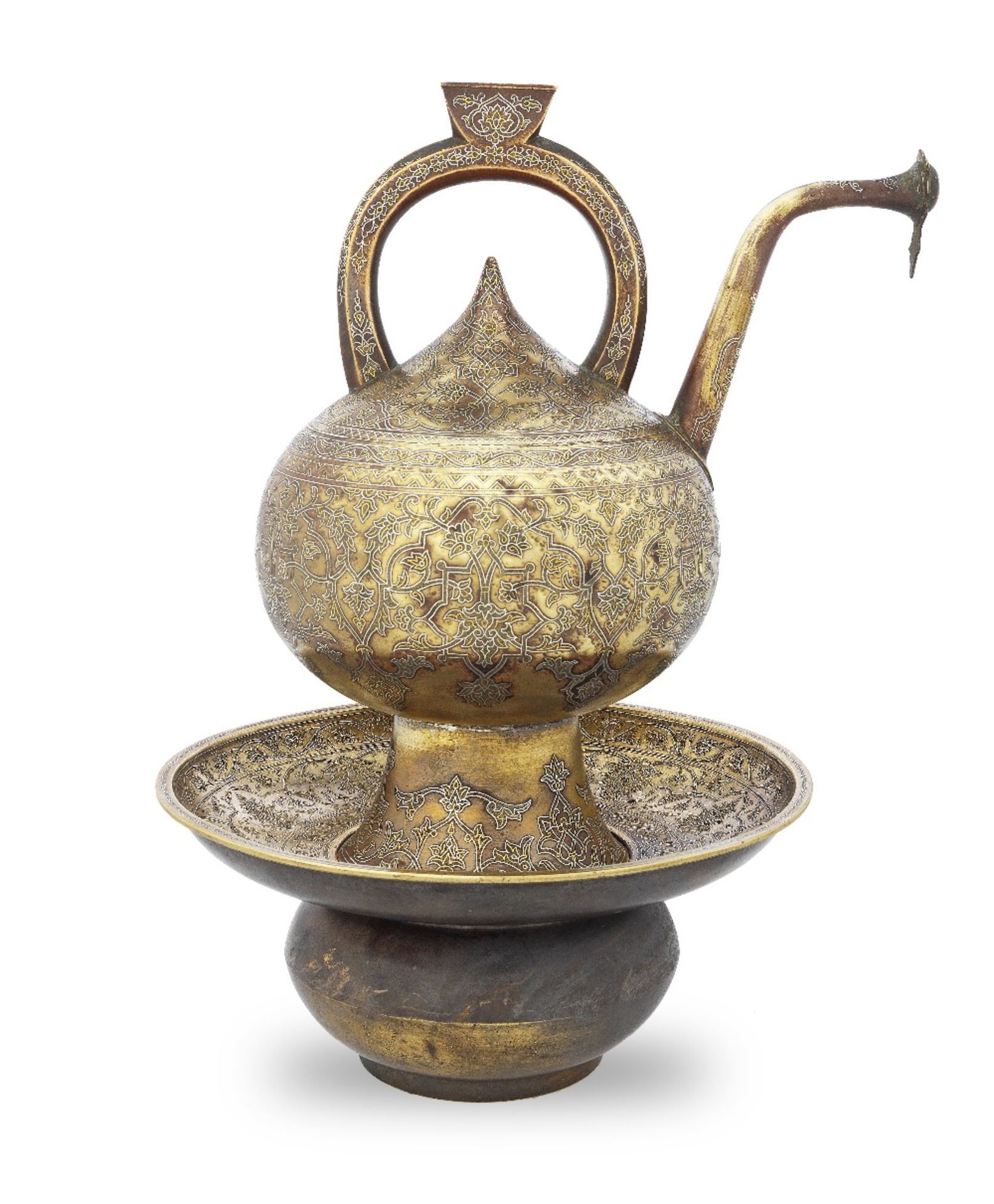 An Ottoman gold and silver damascened brass ewer and basin Balkans, possibly Bosnia, late 19th C...