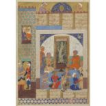 A court scene in an interior, with a young prince being served wine by attendants Persia, probab...