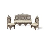 A Damascus mother-of-pearl-inlaid wood sofa and two chairs Syria, circa 1900(3)