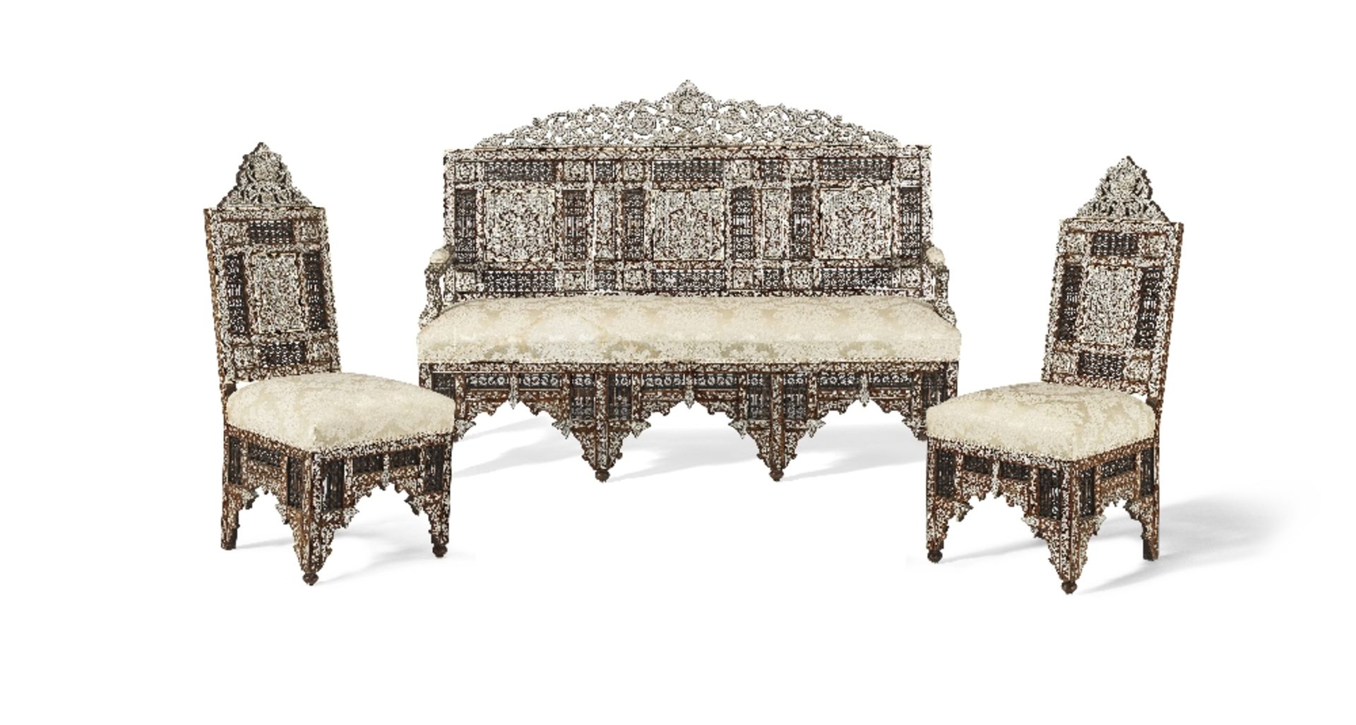 A Damascus mother-of-pearl-inlaid wood sofa and two chairs Syria, circa 1900(3)