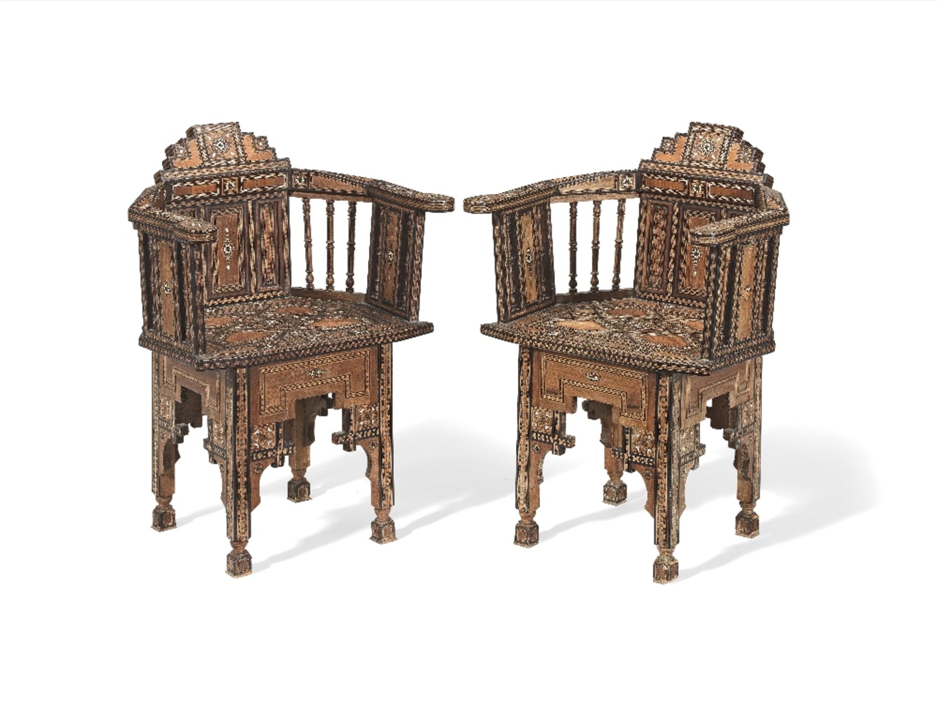 A pair of Damascus parquetry wood chairs Syria, late 19th Century(2)