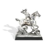 ALFRED ADRIAN JONES MVO (BRITISH, 1845-1938): A SILVERED BRONZE EQUESTRIAN GROUP OF A HUNTSMAN A...