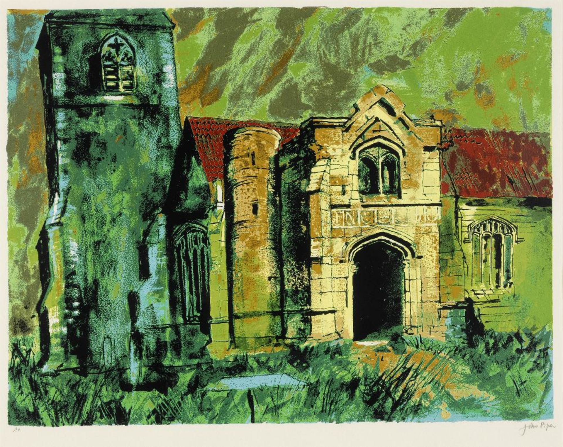 John Piper C.H. (British, 1903-1992) Holme, Nottinghamshire Screenprint in colours, 1985, on wov...