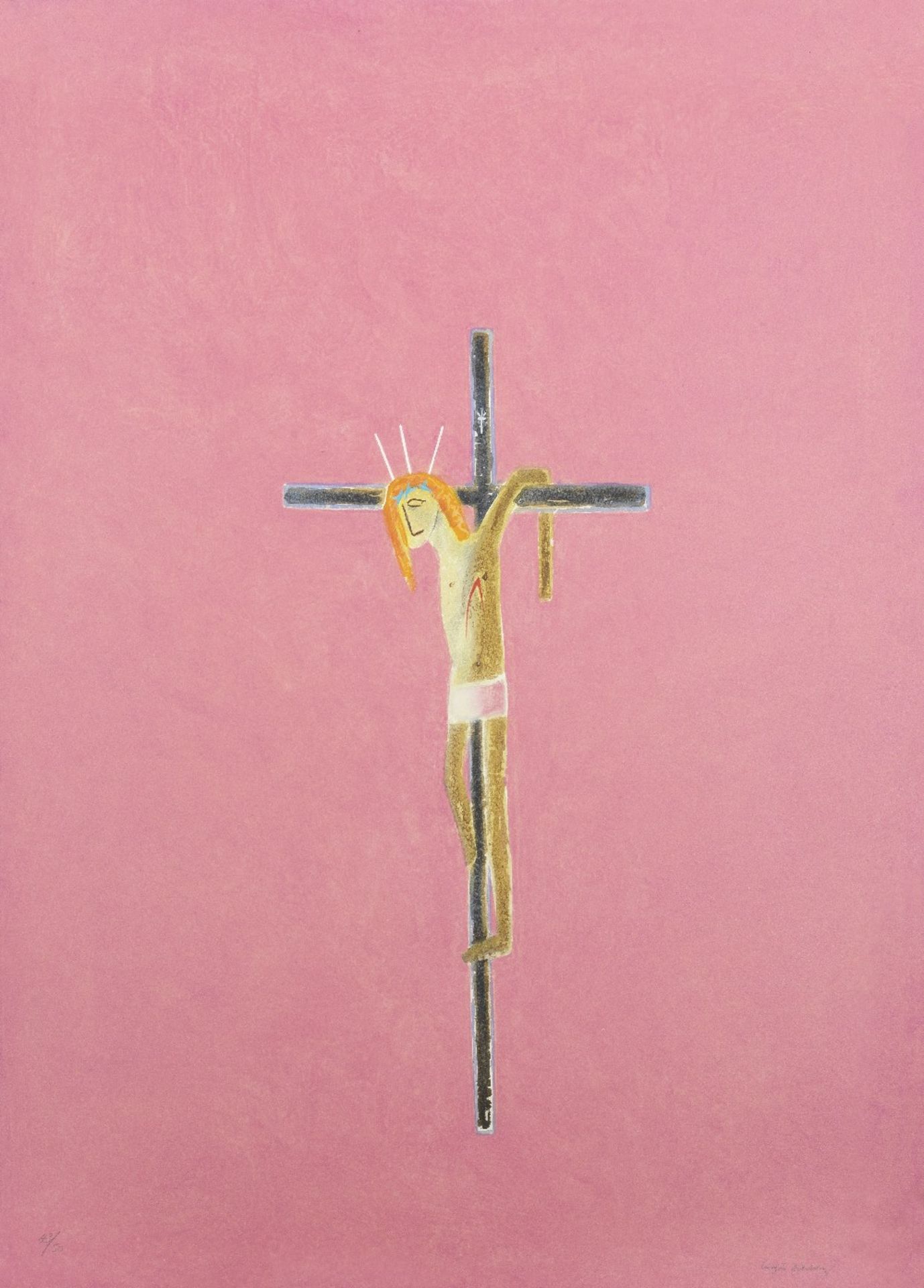 Craigie Aitchison (British, 1926-2009) Pink Crucifixion Etching in colours with carborundum and ...