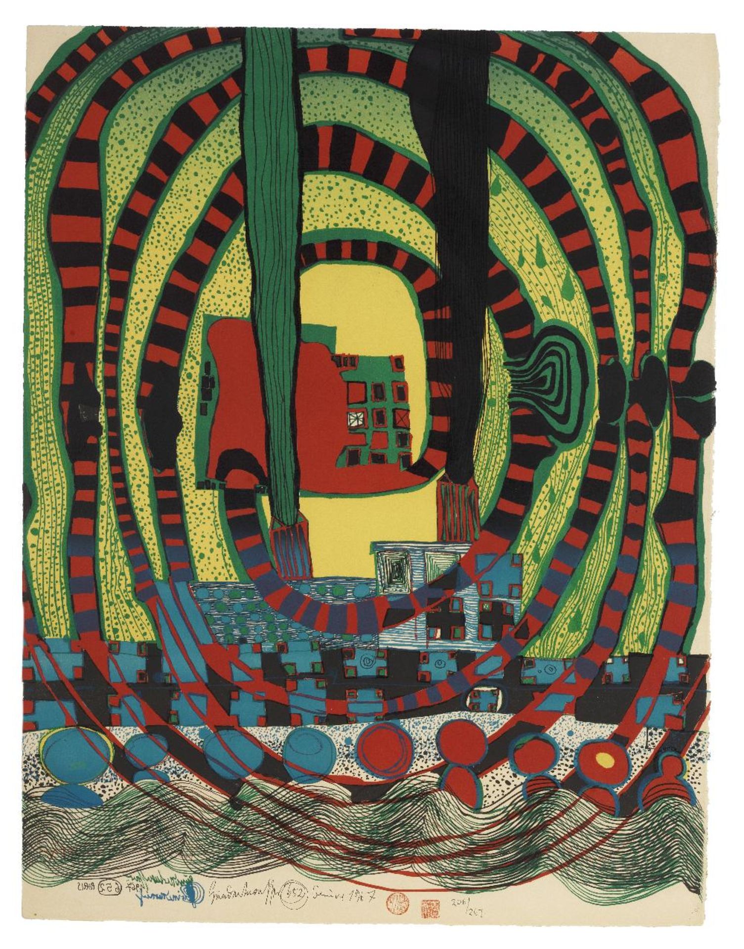 Friedensreich Hundertwasser (Austrian, 1928-2000) Seereise II Lithograph in colours, 1967, on wo...