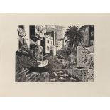 Iain MacNab (British, 1890-1967) Back Gardens, Lisbon Wood engraving, 1959, on thin oriental lai...