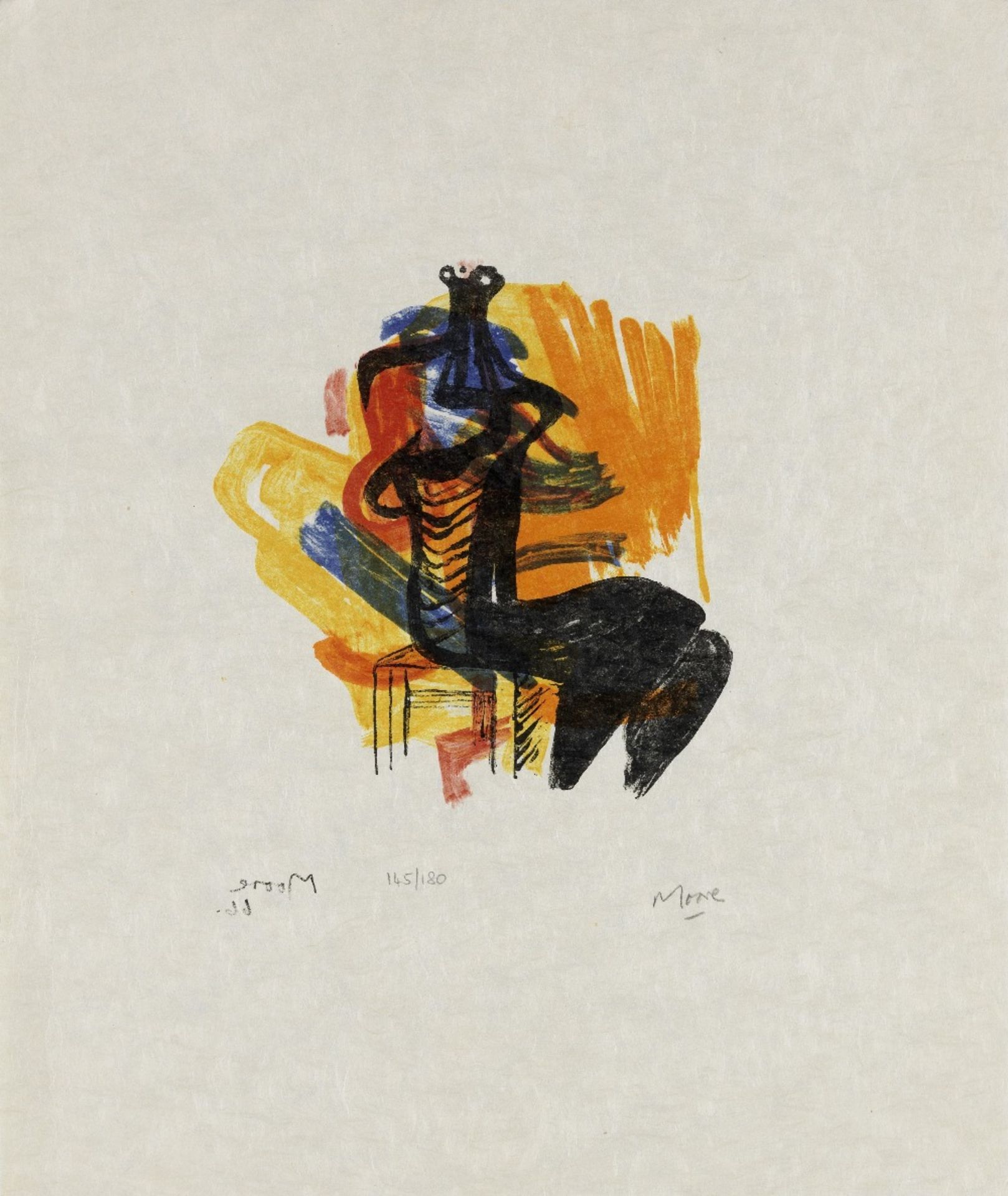 Henry Moore O.M., C.H. (British, 1898-1986) Black Seated Figure on Orange Ground, from Shelter S...