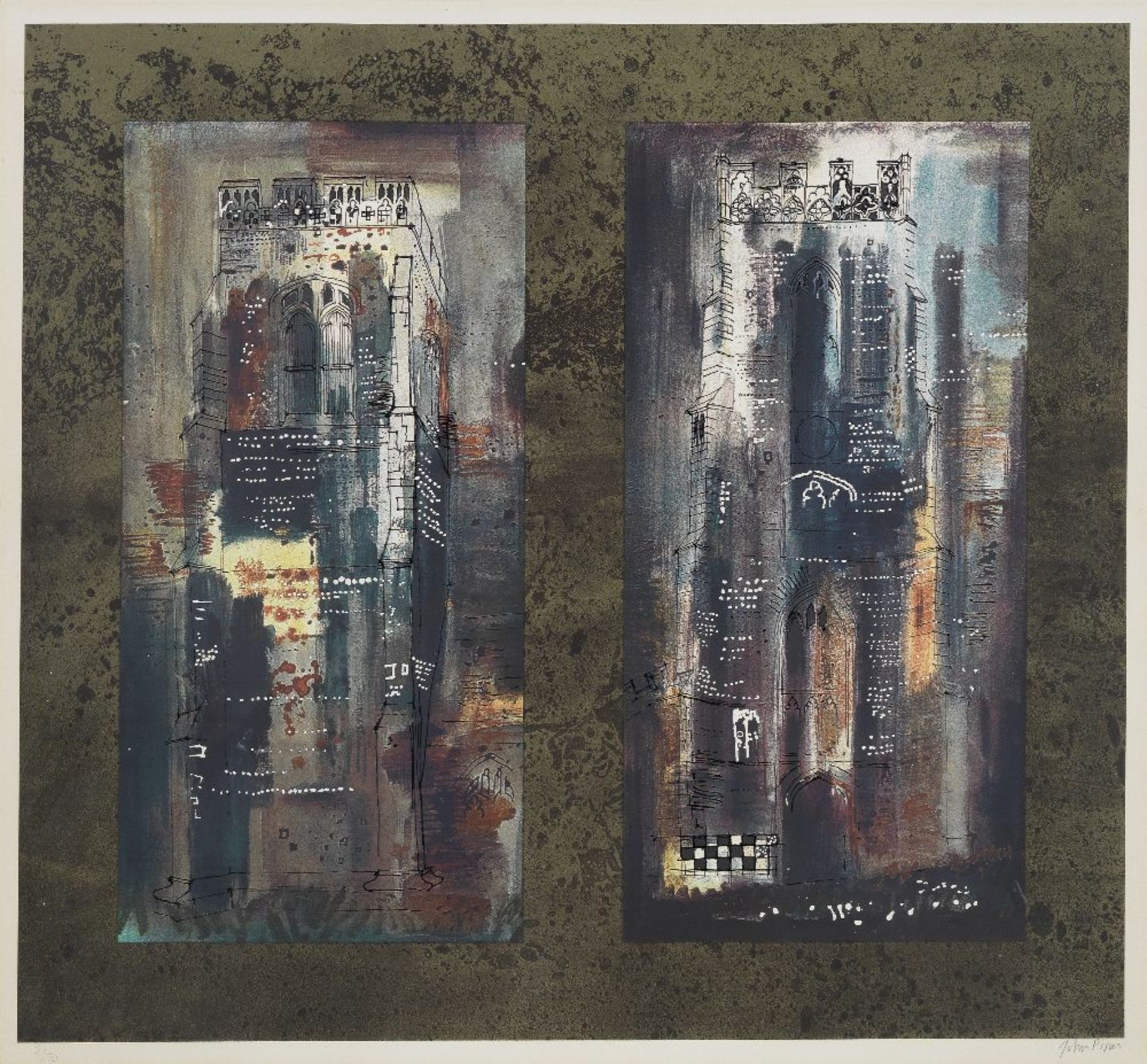 John Piper C.H. (British, 1903-1992) Two Suffolk Towers Screenprint in colours, 1973, on wove pa...