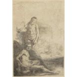 Rembrandt Harmensz van Rijn (Dutch, 1606-1669) Male Nude Seated and Standing Etching, circa 1646...