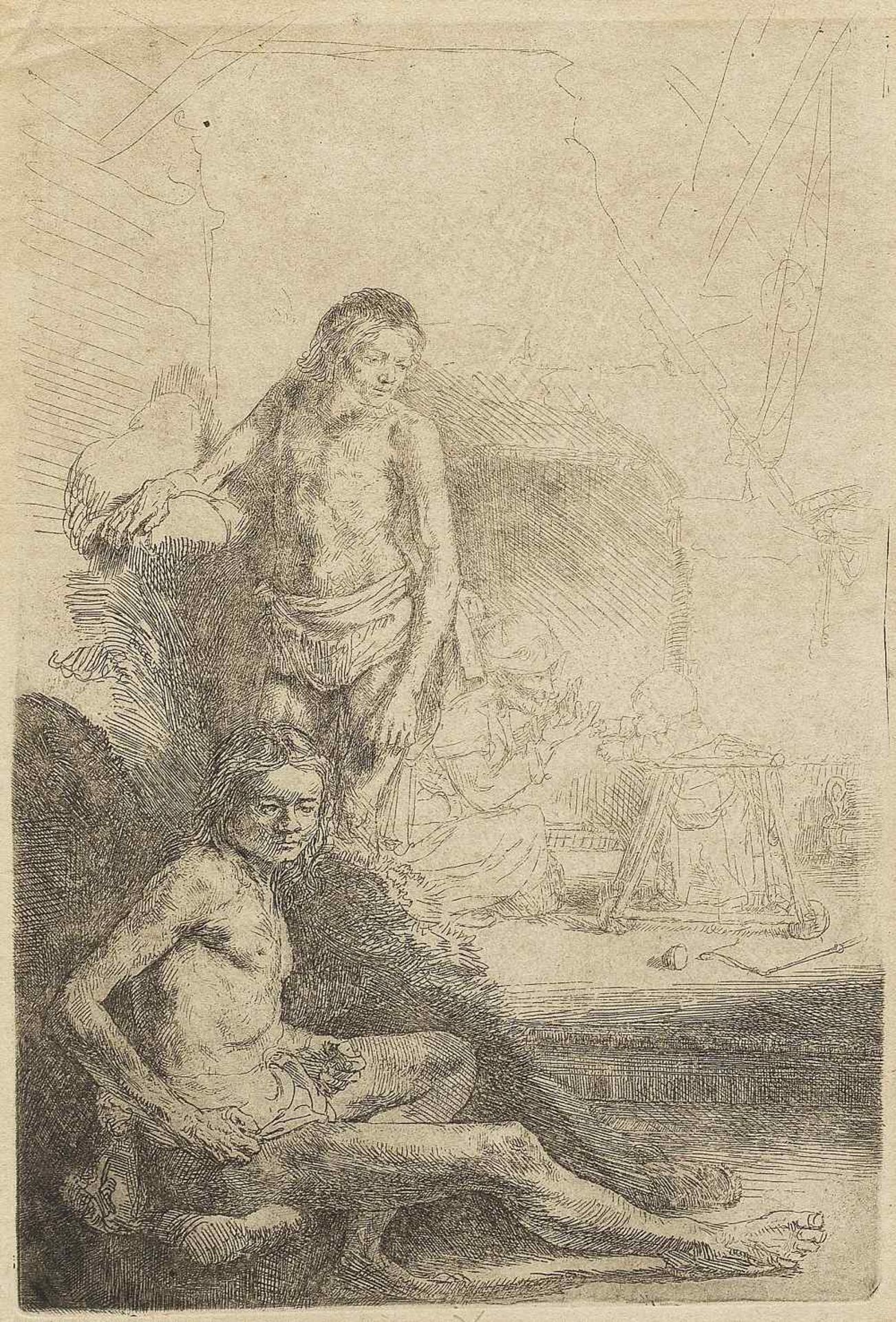 Rembrandt Harmensz van Rijn (Dutch, 1606-1669) Male Nude Seated and Standing Etching, circa 1646...