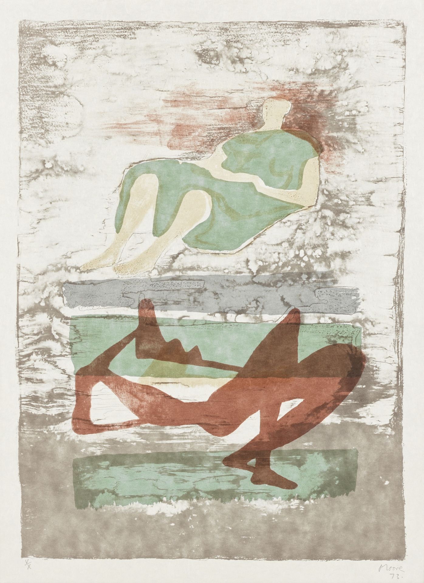 Henry Moore O.M., C.H. (British, 1898-1986) Two Reclining Figures on a Striped Background, from ...