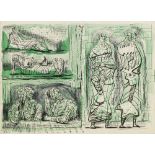 Henry Moore O.M., C.H. (British, 1898-1986) Two Standing Figures with Studies on the Left (Green...