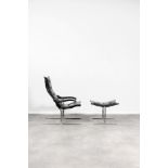 FRANCO CAMPO (XXe) Rare fauteuil et son repose-piedsStructure en acier nickel&#233; et assise et...